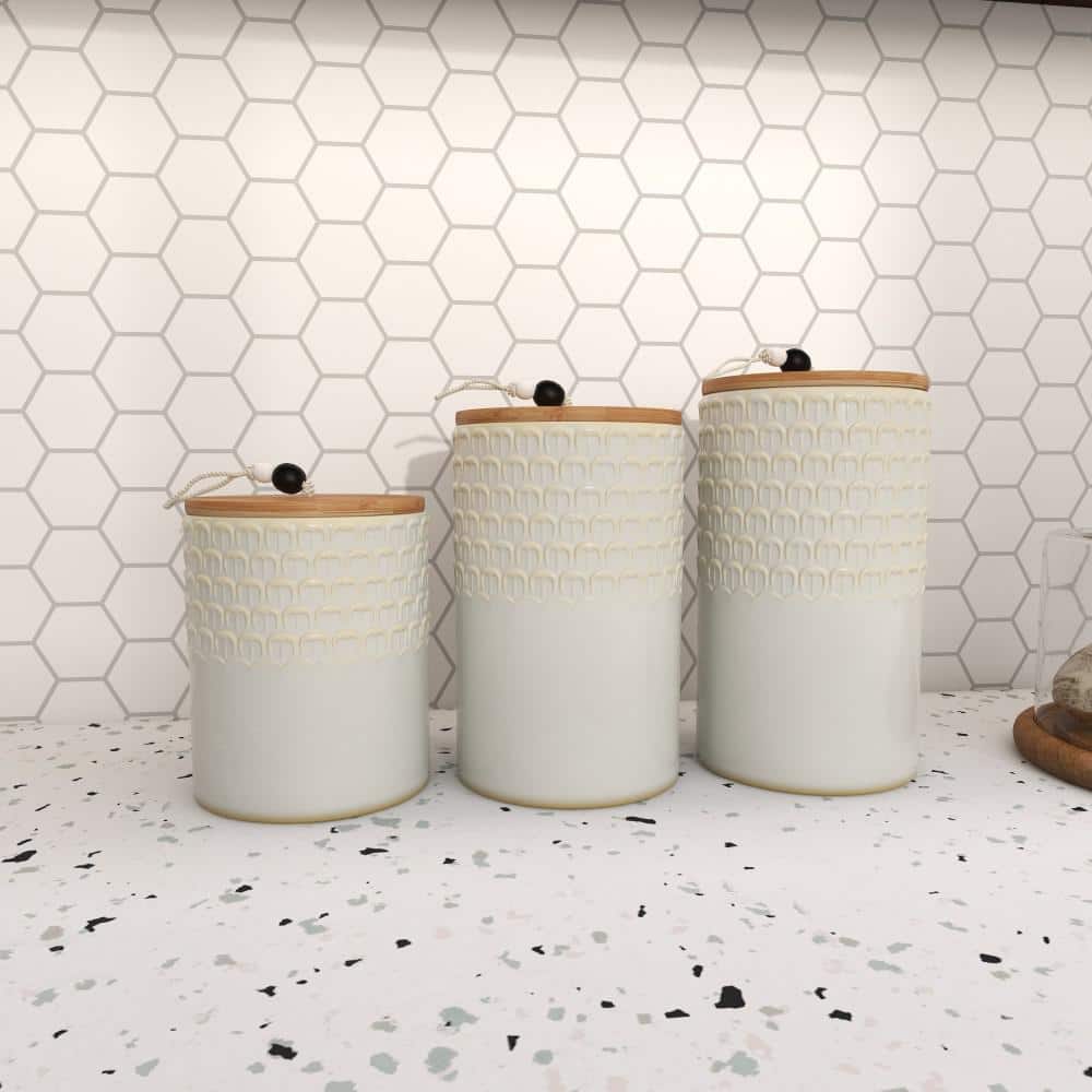 Charming White Ceramic Decorative Jar Trio with Wooden Lids