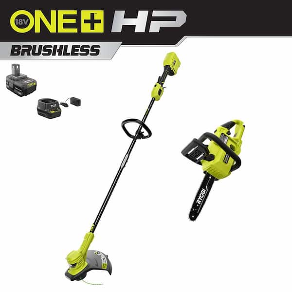 Ryobi One+ HP 18V Brushless Cordless Battery String Trimmer and 10 in. Cordless Chainsaw with 4.0 Ah Battery and Charger