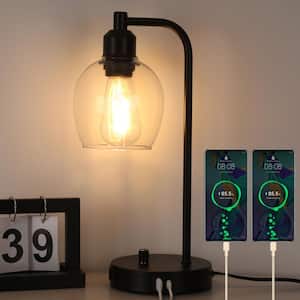 15 in. Industrial Black Table Lamp with Glass Shade for Bedrooms Bedside Lamps with USB Port and Outlet (Bulb Included)