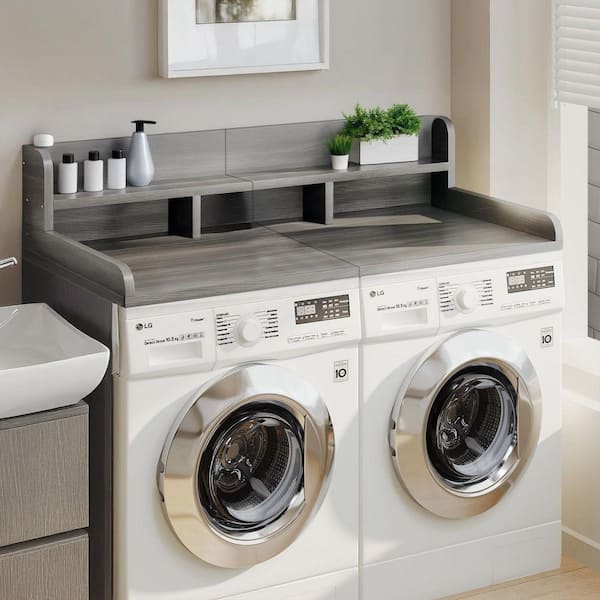 2-Layer Washer Dryer Countertop with Non-Slip Pads and Edge, Laundry Wood Shelf Topper Storage Organizer in Gray White