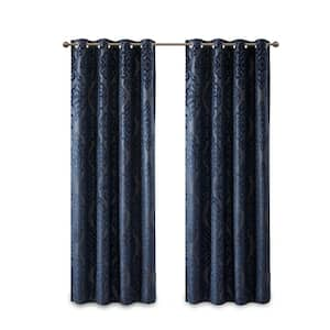 Elysia Navy Damask Knitted Jacquard Damask 50 in. W x 84 in. L Blackout Grommet Top Curtain