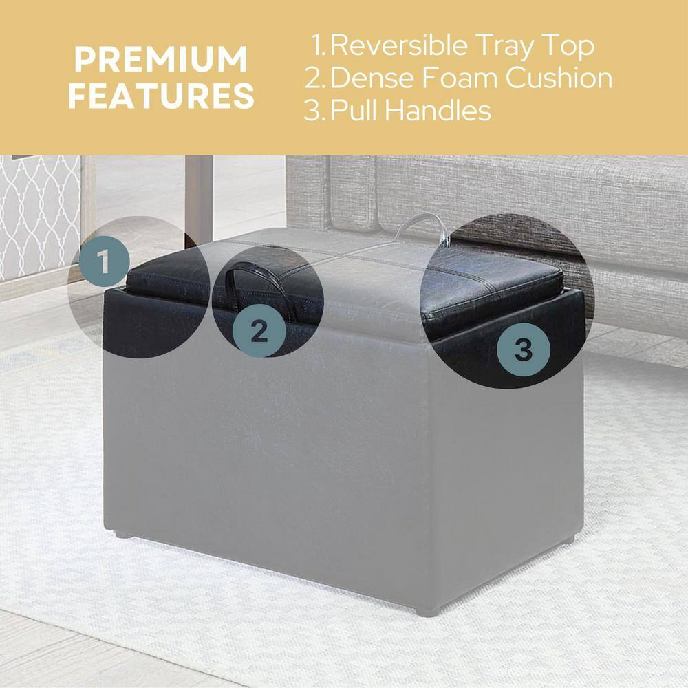 Versatile Black Faux Leather Storage Ottoman with Serving Tray