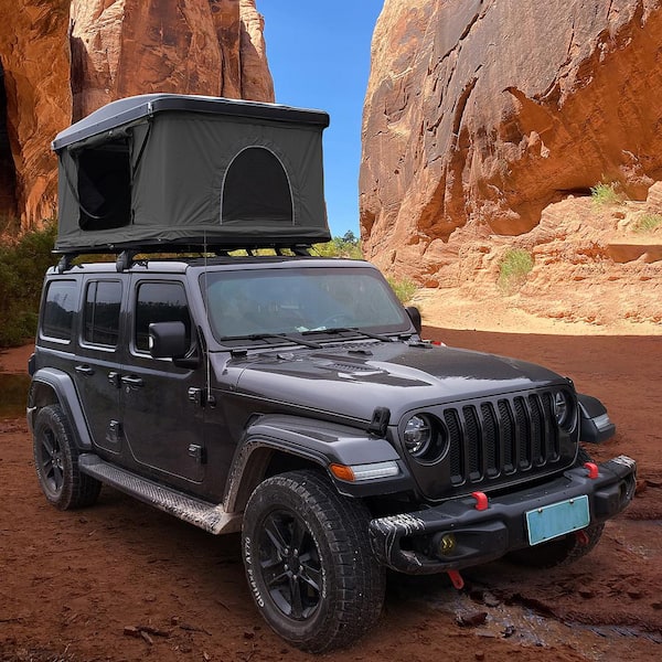 Trustmade Scout Plus Triangle Black Hard Shell and Grey Fabric with Roof  Rack 2-Person Aluminum Car Rooftop Tent OR02RT04YZ - The Home Depot