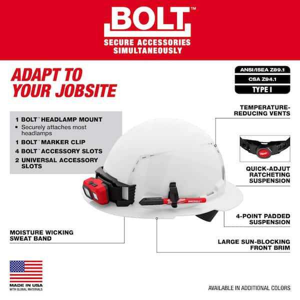 Milwaukee BOLT Black Type 1 Class C Full Brim Vented Hard Hat with 4 Point Ratcheting Suspension W BOLT HP Cap Mounted Ear Muffs 48 73 1211 48 73 3251 The Home Depot