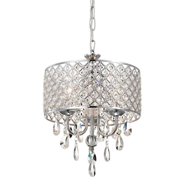 Marya 3-Light Modern Chrome Round Chandelier with Beaded Drum Shade/Hanging Clear Glass Crystals