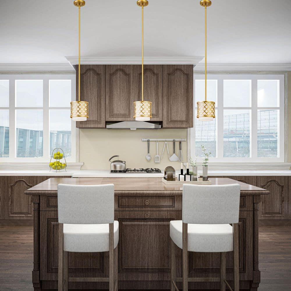 Arabesque Soft Gold Mini Pendant with Off-White Fabric Shade