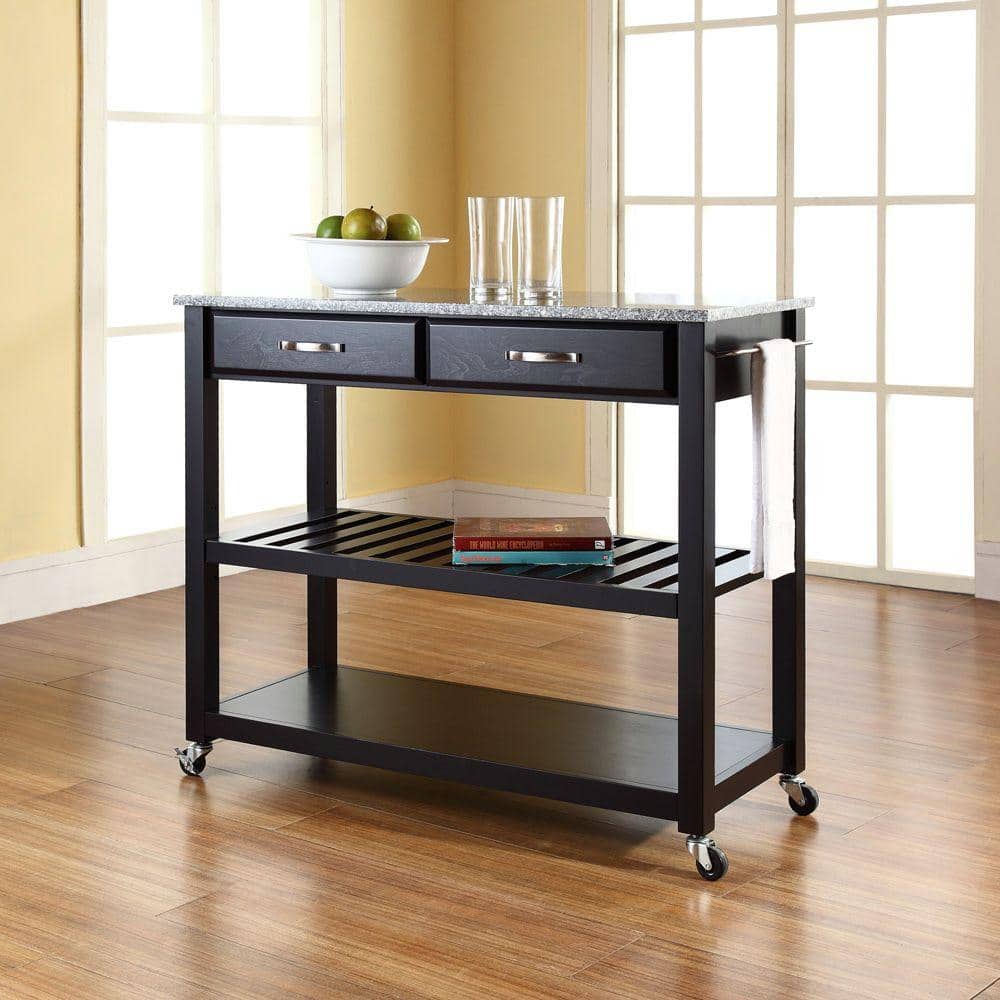 Black Granite Top Kitchen Cart with Wine Rack and Storage