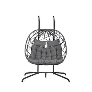 2-Person Wicker Patio Swing Egg Chair Hanging Egg Chair with Stand Egg Swing Chairs Hammock Chair with Gray Cushions