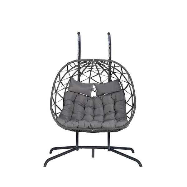 Unbranded 2-Person Wicker Patio Swing Egg Chair Hanging Egg Chair with Stand Egg Swing Chairs Hammock Chair with Gray Cushions