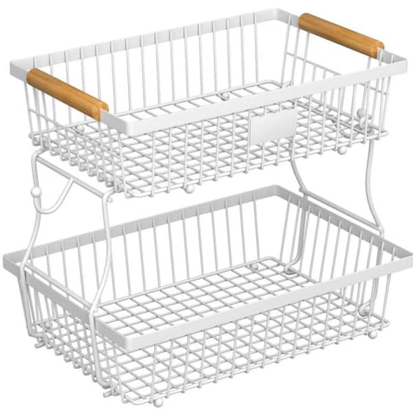 1 Piece 2-Tier Metal Fruit Basket with Wooden Handle and Banana Hangers Set
