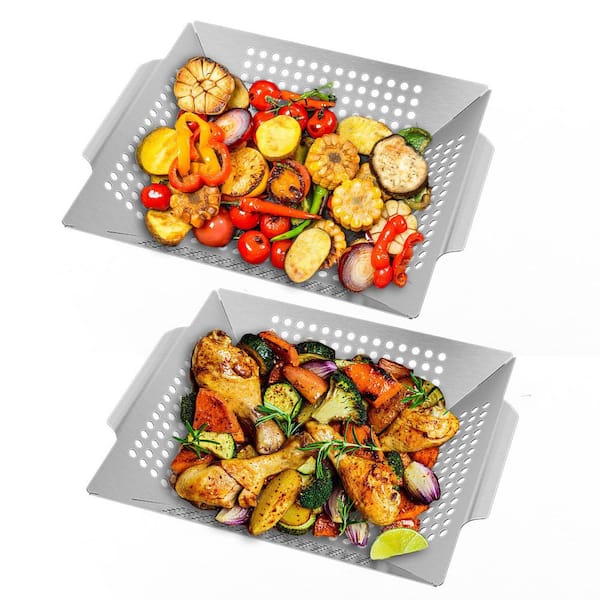 Primehome 2-Pack Heavy Duty 304-Stainless Steel Flexible Grill Baskets Nonstick BBQ Meat Veggies Seafood Outdoor Grilling Tools