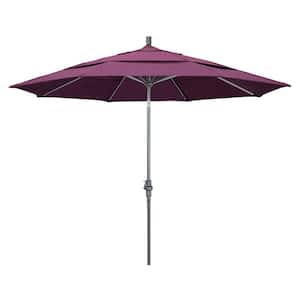 11 ft. Hammertone Grey Aluminum Market Patio Umbrella with Crank Lift in Iris Sunbrella