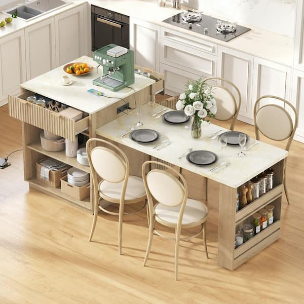 Rustic Natural Wood 82.6 in. Power Outlet Kitchen Island Extendable Dining Table with Double-Sized Storage and 2-Drawer