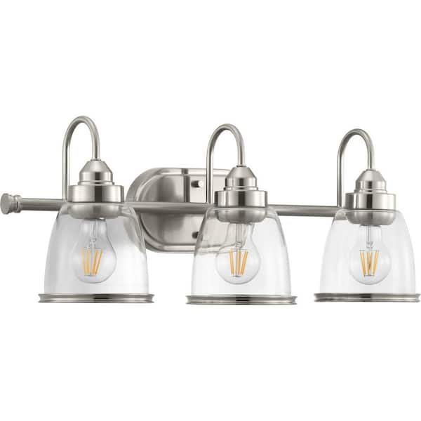 Progress Lighting Saluda Collection 3-Light Brushed Nickel Clear Glass Coastal Bath Vanity Light