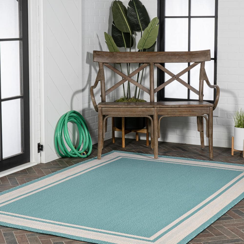 Aqua and Beige 3' x 5' Modern Stripe Synthetic Indoor/Outdoor Rug