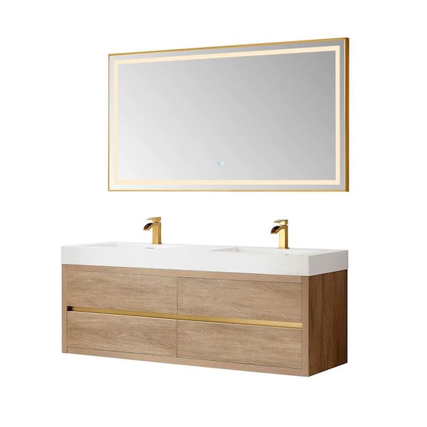 Palencia 60 in. W x 20 in. D x 24 in. H Double Sink Bath Vanity in N.American Oak W/White Composite Stone Top and Mirror