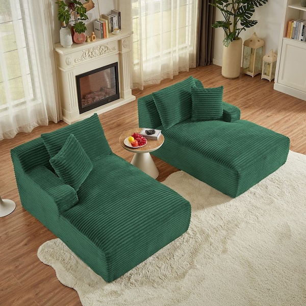 78.7 in. Straight Arm Corduroy Rectangle Sleeper Sofa with Spring Padding, Compressible Double Chaise Lounge in Green