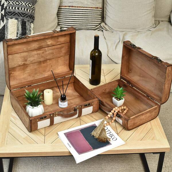 Beige Antique Decorative Storage Boxes with Lids Set of 2, 15.7 in