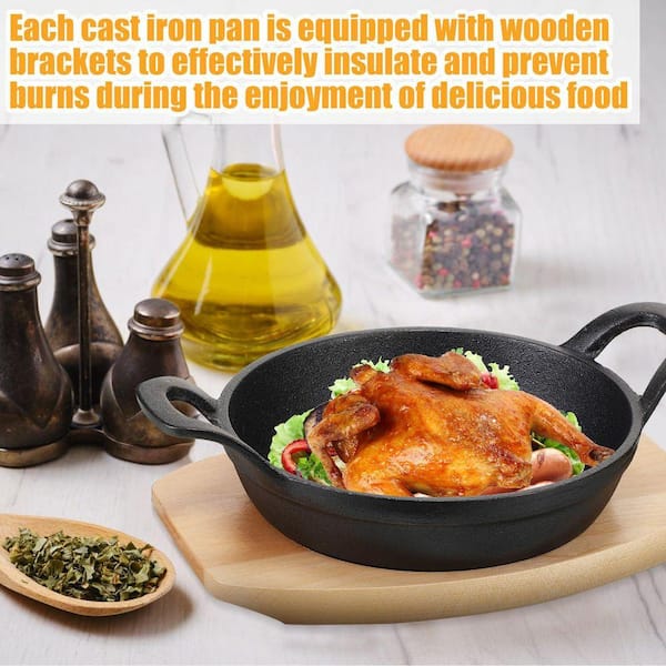JFVKAF 6-Piece Black Cast Iron Skillet Set with Wooden Base Rustic