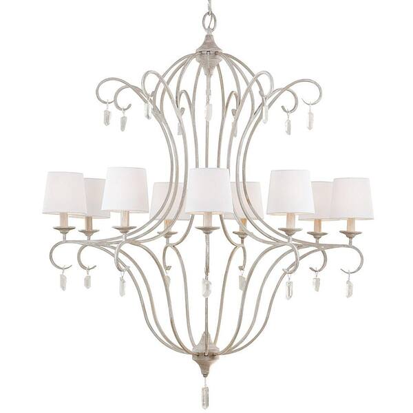 Generation Lighting Caprice 9-Light Chalk Washed Classic Cottage Hanging Bell Chandelier with White Linen Fabric Shades and Crystal Accents