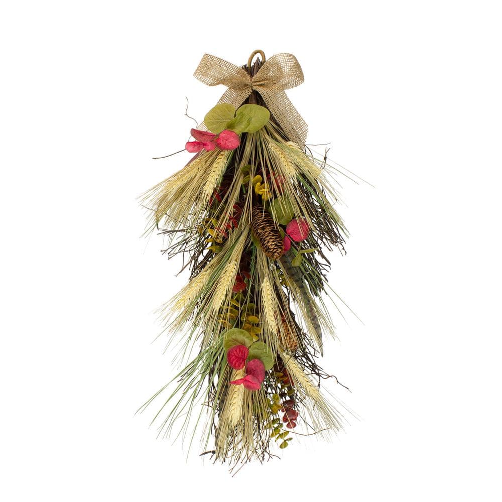 Northlight 24 in. Unlit Autumn Harvest Wheat and Eucalyptus with Feathers  Teardrop Swag 33532662 The Home Depot