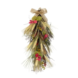 24 in. Unlit Autumn Harvest Wheat and Eucalyptus with Feathers Teardrop Swag