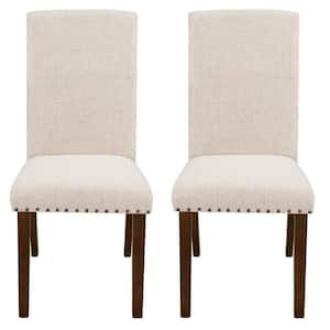 Beige High-Back Fabric Upholstered Dining Chairs with Copper Nails Spring Support (Set of 2)