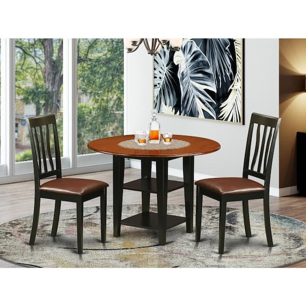 East West Furniture 3-Piece Black and Cherry Finish Round Solid Wood Top Dining Table Set