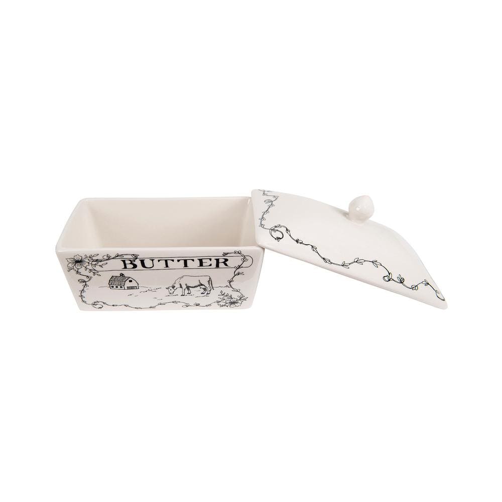 Farmhouse White and Black Stoneware Butter Dish with Lid