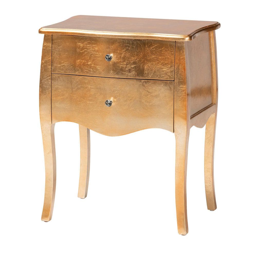 Gold Finished Wood 2-Drawer Nightstand with Faux Crystal Knobs