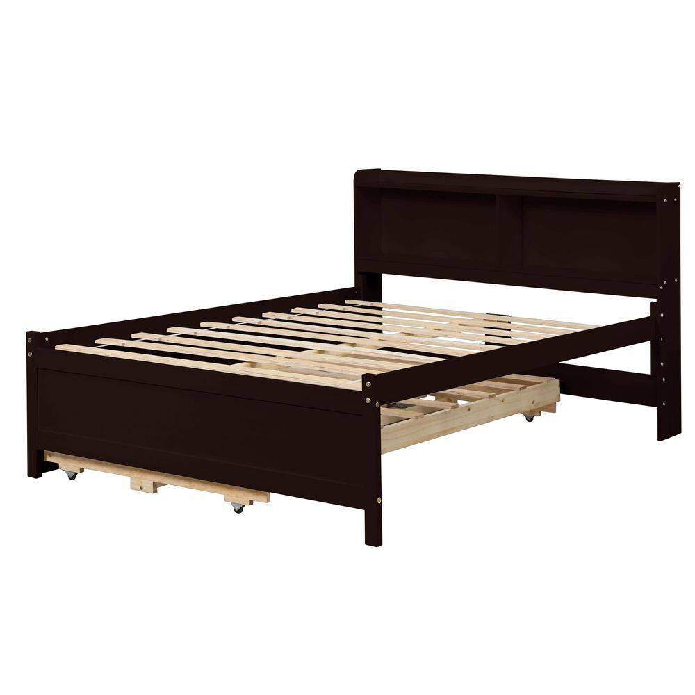 ANBAZAR Espresso Full Kids Platform Bed with Trundle and 3-Drawers Wood