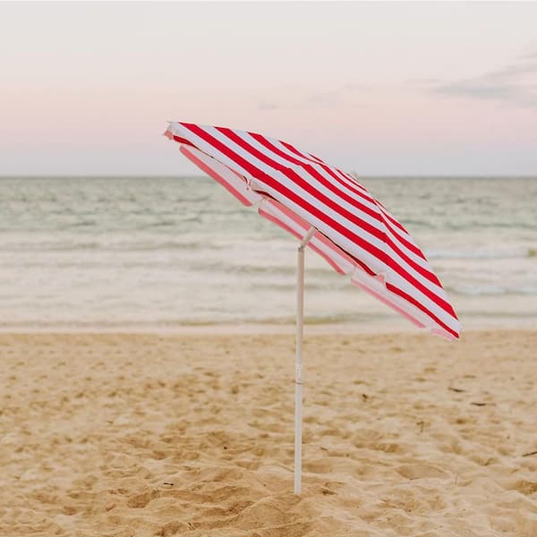 gray and white patio umbrella formosa covers 9ft Market 6 Rib Replacement Canopy in Yellow Cabana stripe navy blue Cabana stripe open mechanism. California Umbrella 9' Patio Umbrella,