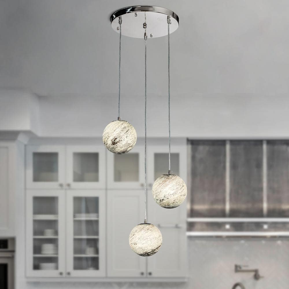17 in. Modern 3-Light Handblown Glazed Glass Chandelier in Polished Nickel 