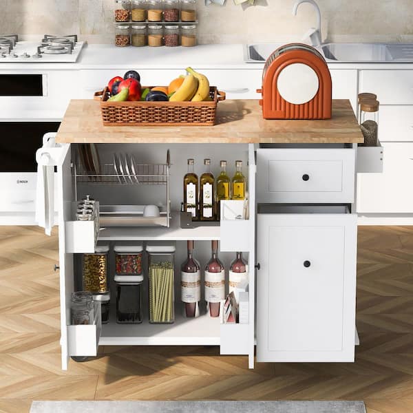 White Rubber Wood Kitchen Cart with Spice Rack and Towel Rack