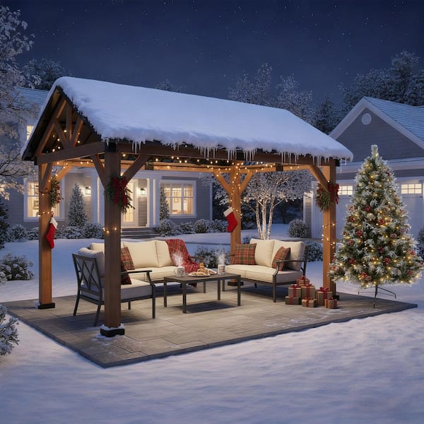 13 ft. x 11 ft. Outdoor Wood Grain Aluminum Frame Steel Gable Hardtop Gazebo with Ceiling Hook, Netting and Curtains