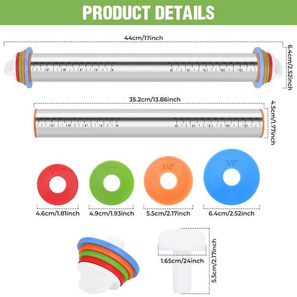 Hillento Rolling Pin, 17 inch Verstelbare RVS Rolling Pins Deeg Roller Stick met 4 Dikte Ringen voor het bakken Pizza Pie Cookie Gebak, Niet Stick