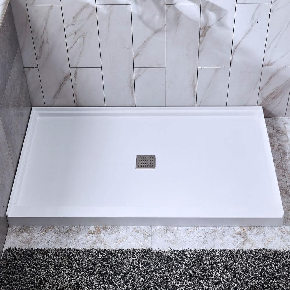 48" White Rectangular Shower Pan with Brushed Nickel Drain Cover