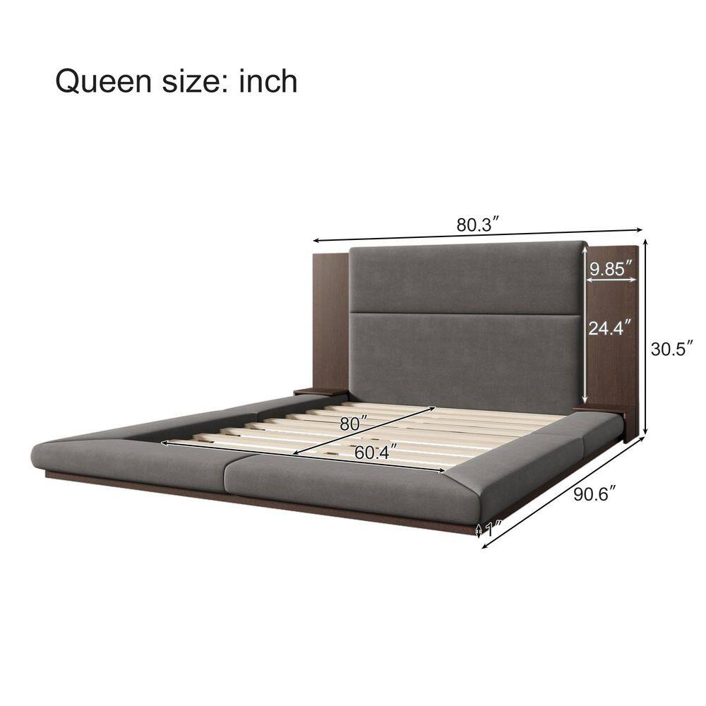 Gray Wood Frame King Size Velvet Upholstered Platform Bed Floor Bed with Extended Wood Headboard, Bedside Shelf - thumbnail 10