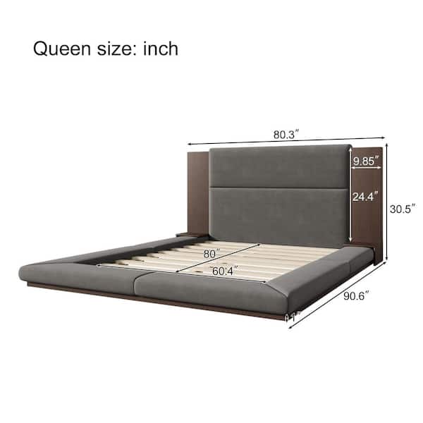Gray Wood Frame Queen Size Velvet Upholstered Platform Bed Floor Bed with Extended Wood Headboard, Bedside Shelf