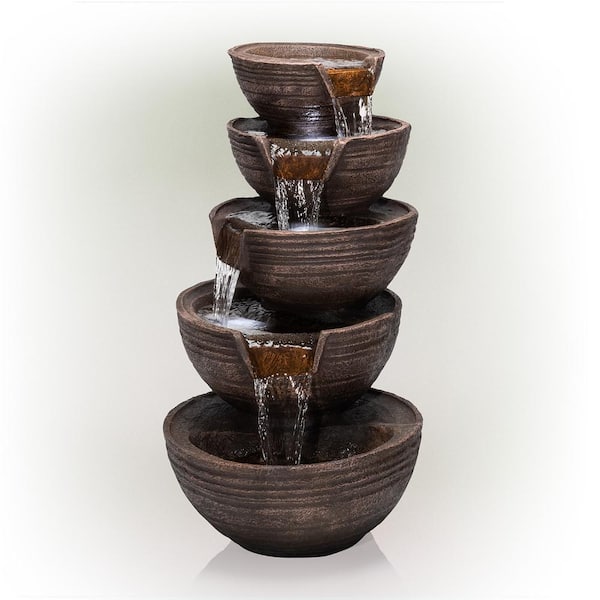Alpine Corporation 34 in. Tall Outdoor 5-Tier Modern Bowl Cascading Waterfall Fountain with LED Lights
