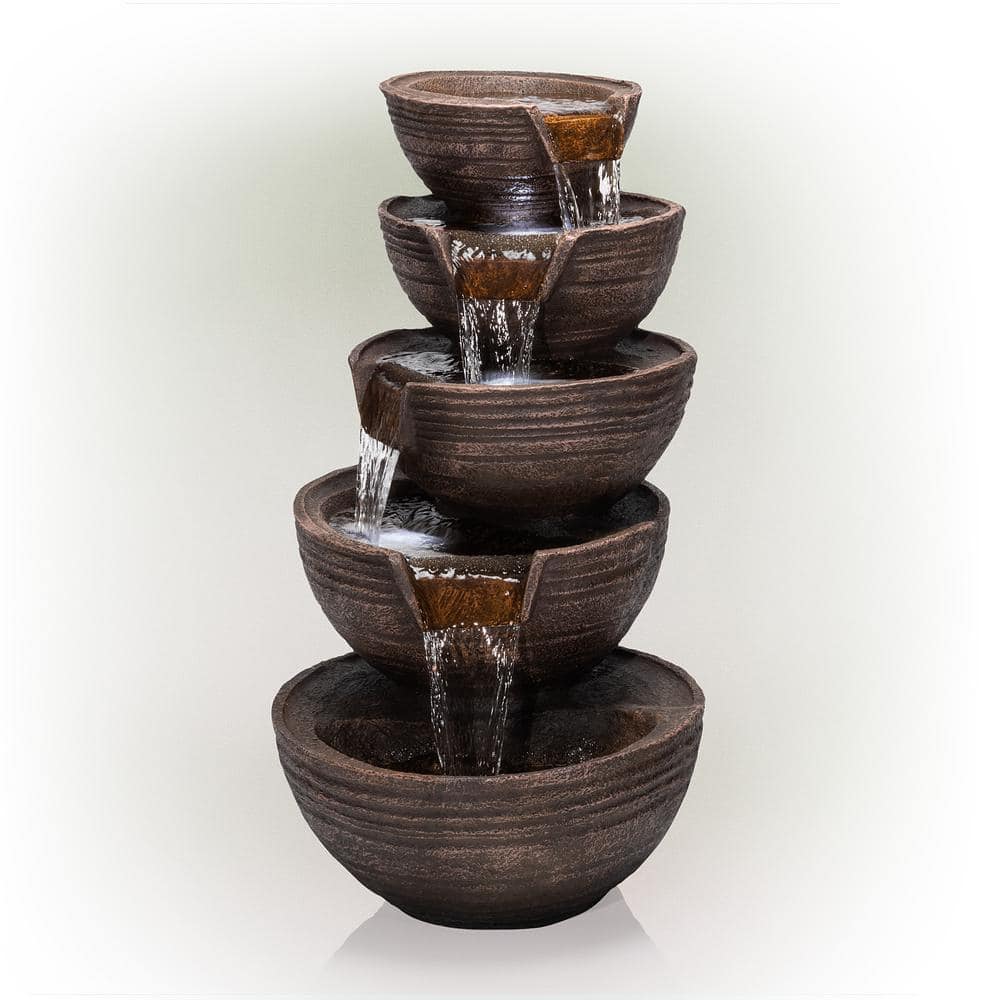 34 in. Tall Outdoor 5-Tier Modern Bowl Cascading Waterfall Fountain with LE