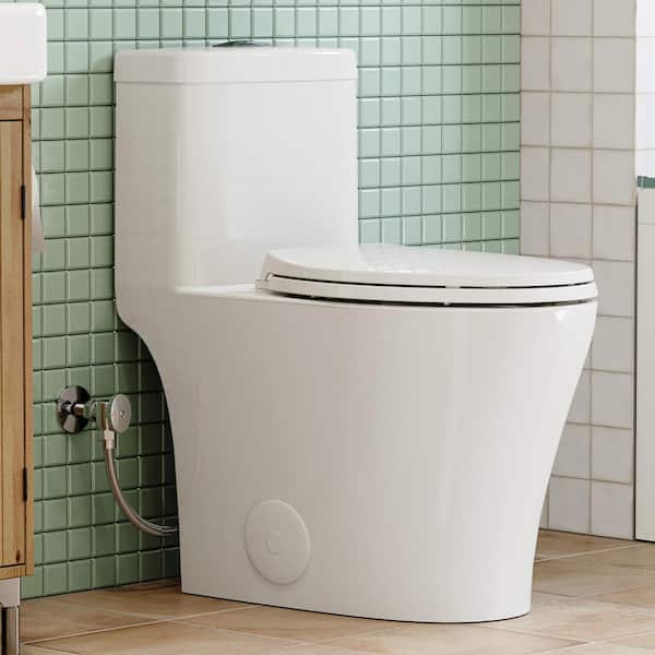 Lockable Soft-Close Toilet Seat Riser with Lid and 1-piece ADA Height 0.8/1.26 GPF Dual Flush Compact Toilet Combo