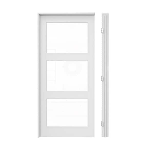 36 in. x 80 in. 3-Lite Clear Glass Right Hand White Solid Core Glass Single Prehung Interior Door+ Quick Assemble Jamb