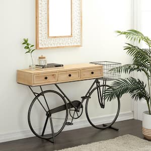 58 in. Black Extra Large Rectangle Metal 3 Drawers Bike Console Table with Brown Wood Top