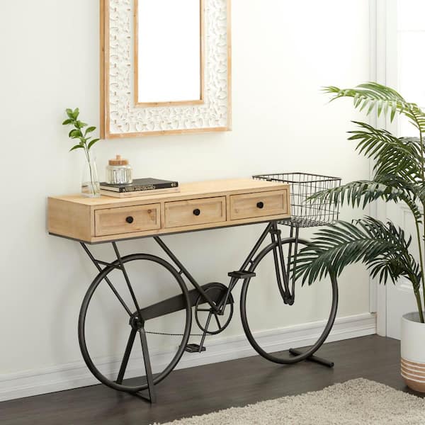 Litton Lane 58 in. Black Extra Large Rectangle Metal 3 Drawers Bike Console Table with Brown Wood Top