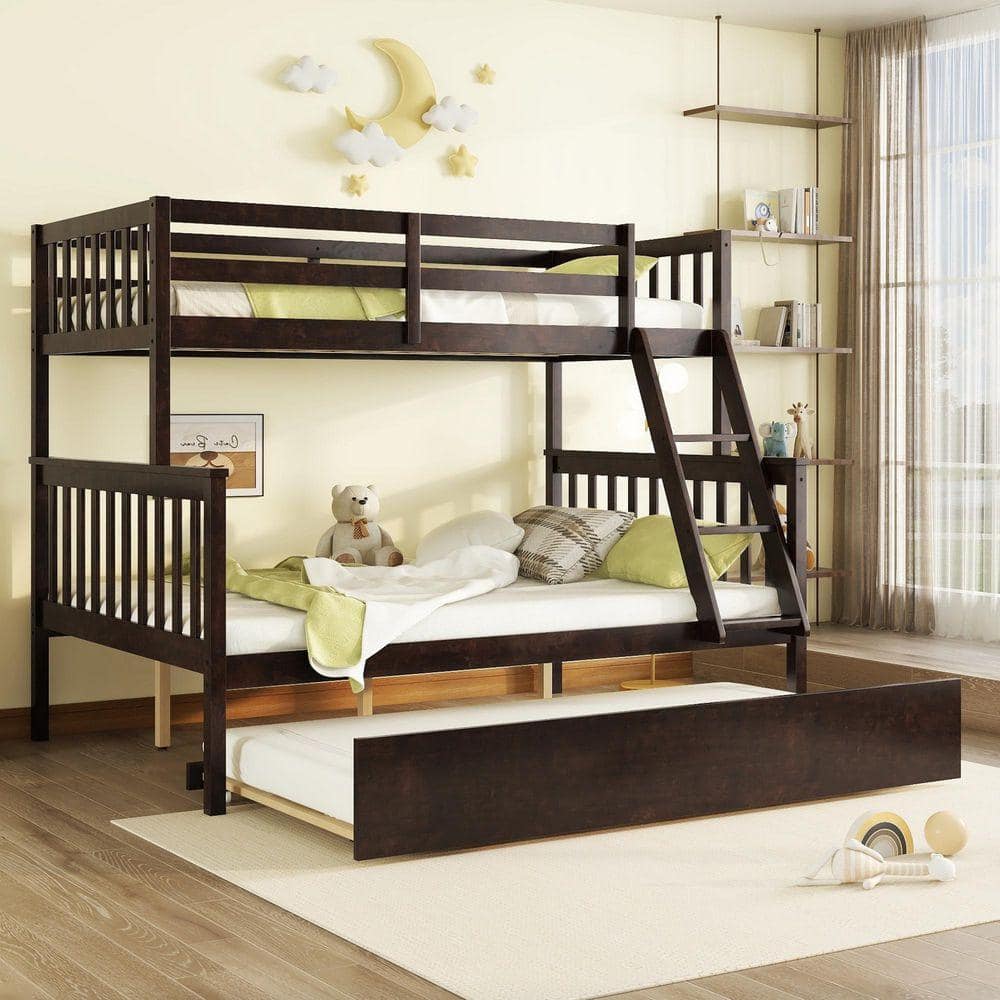 Qualler Espresso Brown Twin Over Full Size Bunk Bed with Trundle and ...