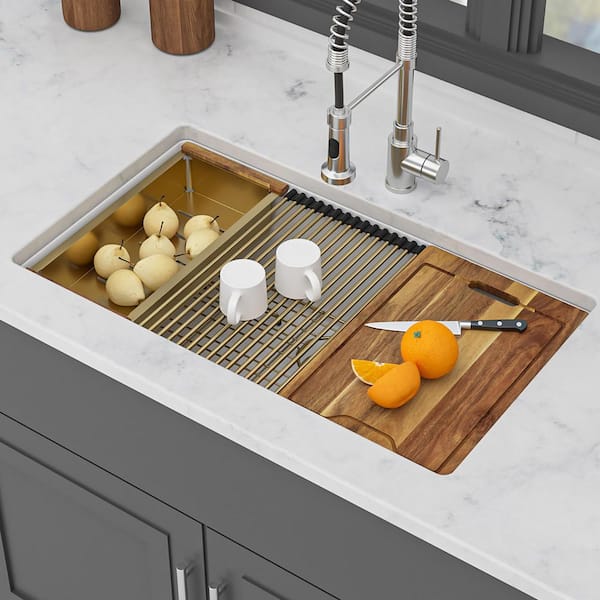 30 in. Undermount Single Bowl White Quartz Kitchen Sink with Workstation