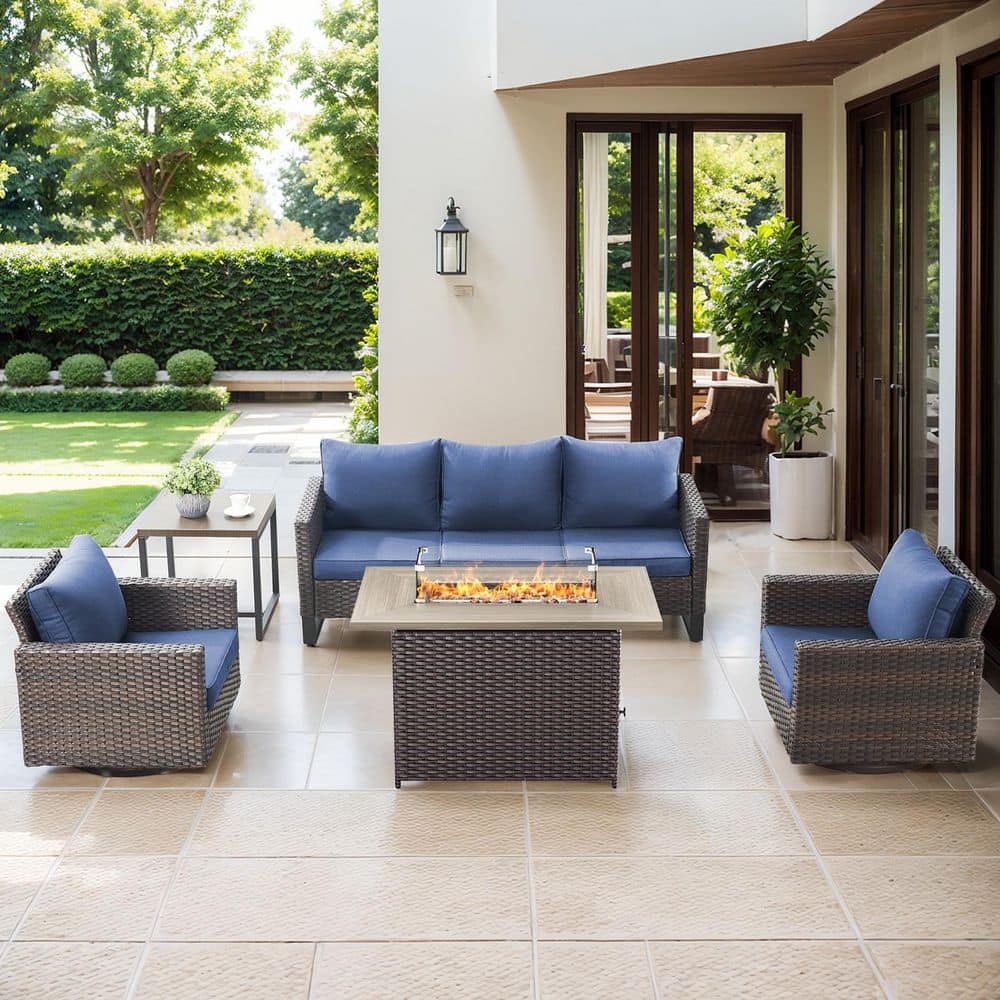 Valenta 5-Piece Brown Wicker Outdoor Conversation Swivel Chair Set Patio Fire Pit Seating Sofa Set with Blue Cushions price history on PriceWatchPro
