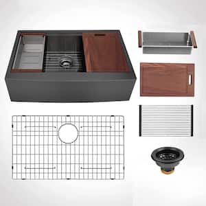 All in-One 36 in. Gunmetal Black Stainless Steel 16-Gauge Single Bowl Farmhouse/ApronFront Kitchen Sink with accessories