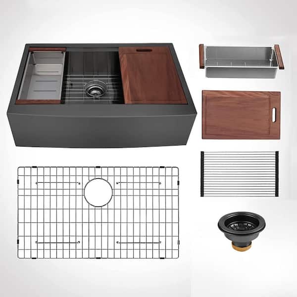 EAKYHOM All in-One 36 in. Gunmetal Black Stainless Steel 16-Gauge Single Bowl Farmhouse/ApronFront Kitchen Sink with accessories